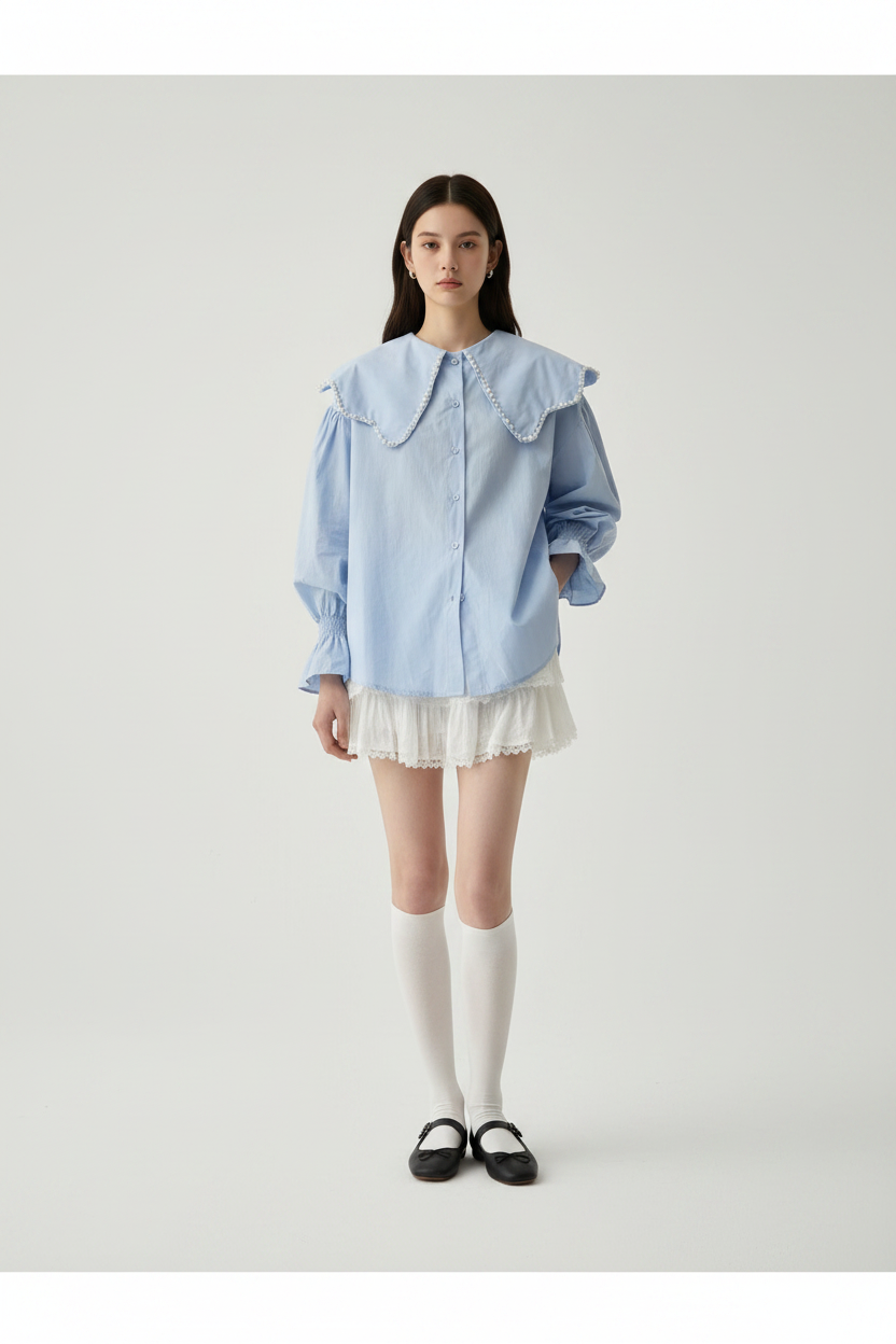 Pearl Collar Oversized Lace Trim Shirt