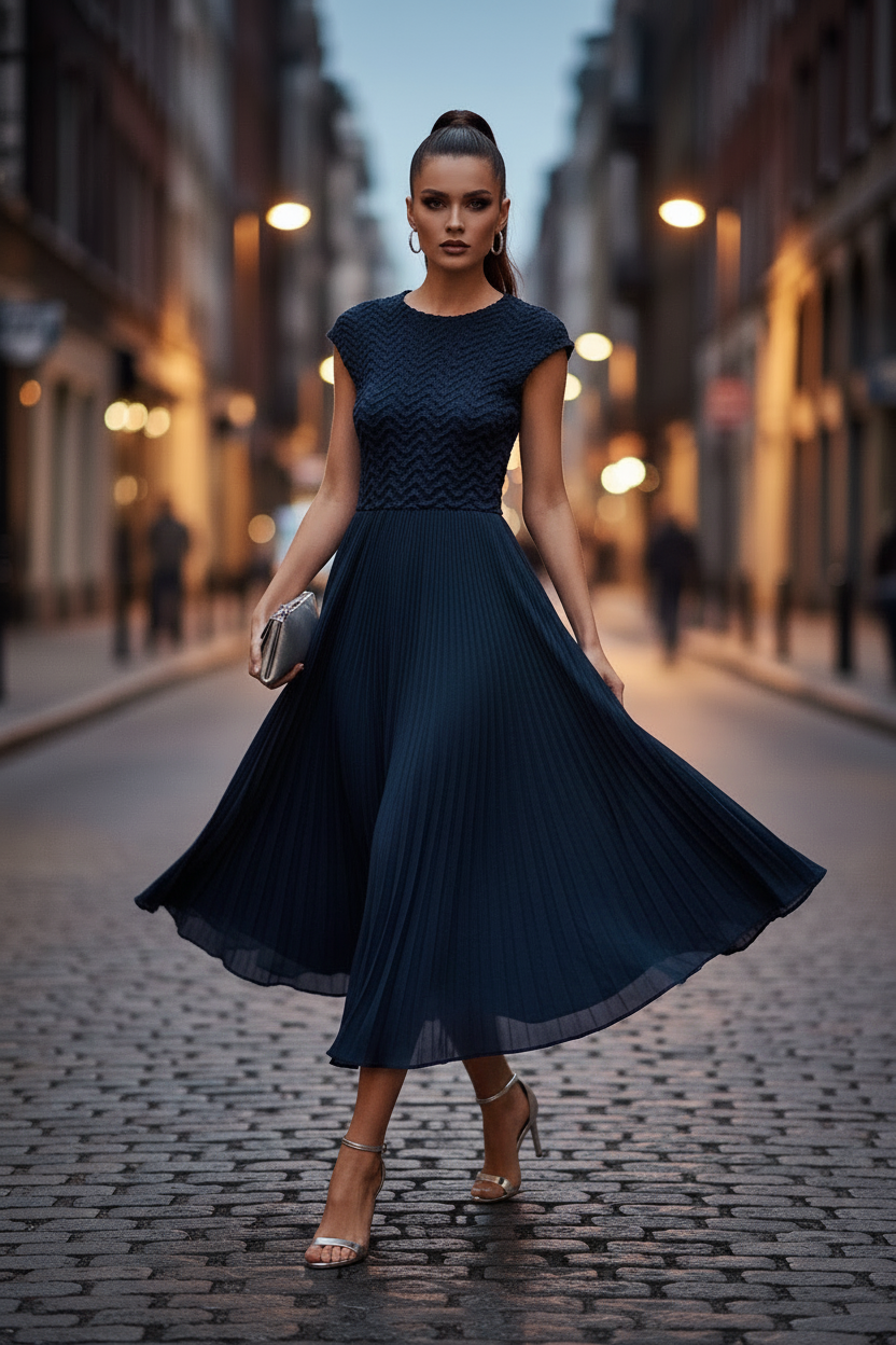 Textured Chevron Knit Bodice Pleated Chiffon Maxi Dress