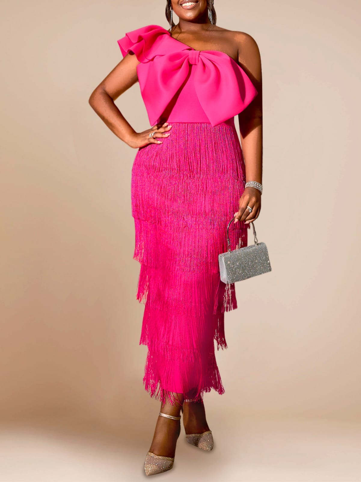 Velora Statement Bow Fringe Midi Dress (Pre-Order only)