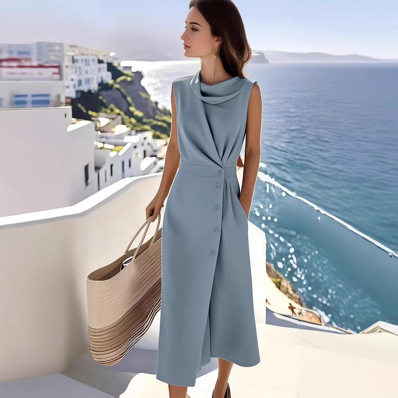 Cowl Neck Sleeveless Button-Down Midi Dress