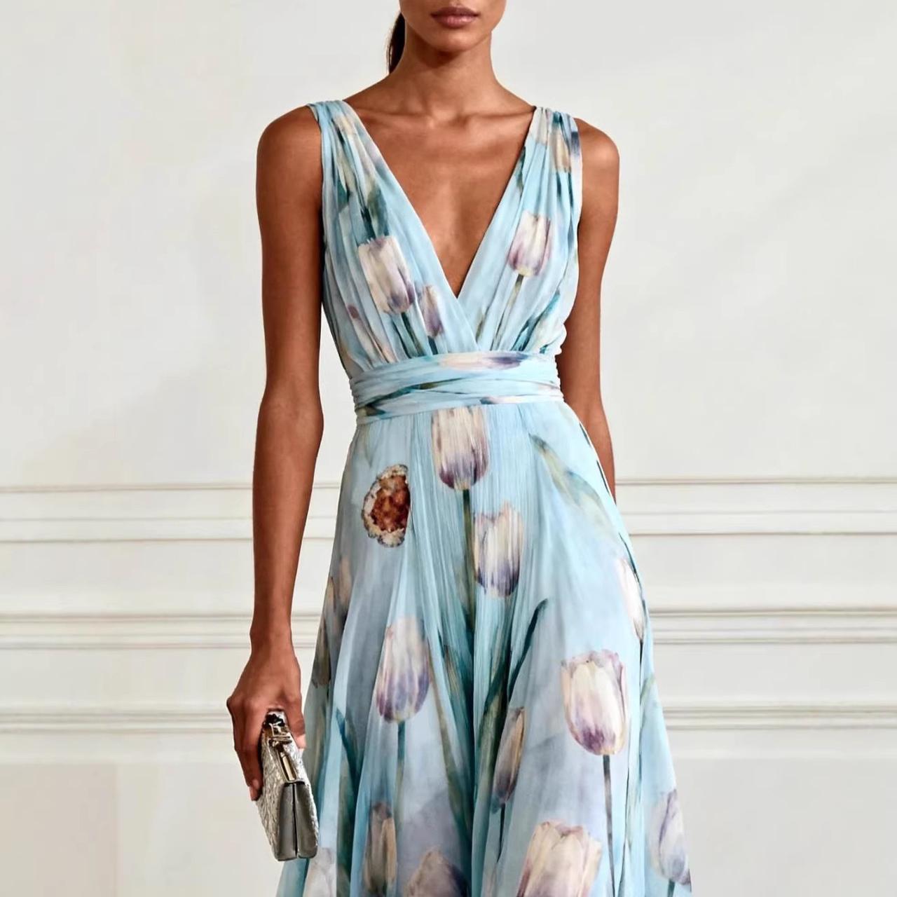 Sky Blue Tulip Print Chiffon Maxi Dress