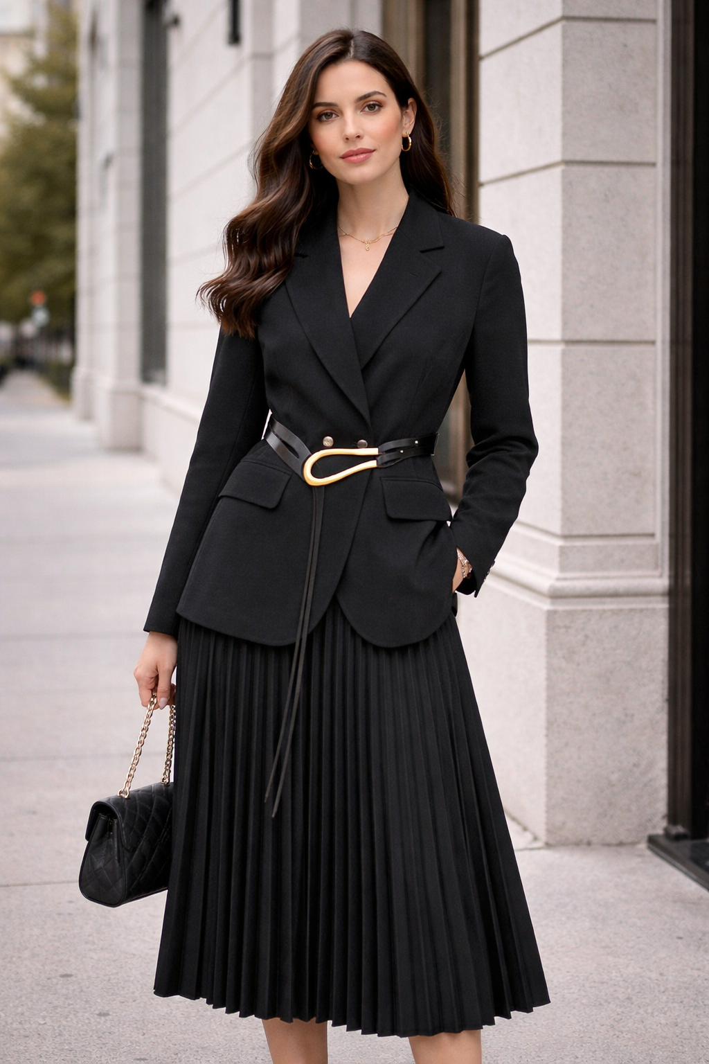 Maison Élite Belted Blazer & Pleated Midi Skirt Co-ord Set – Structured Office Suit