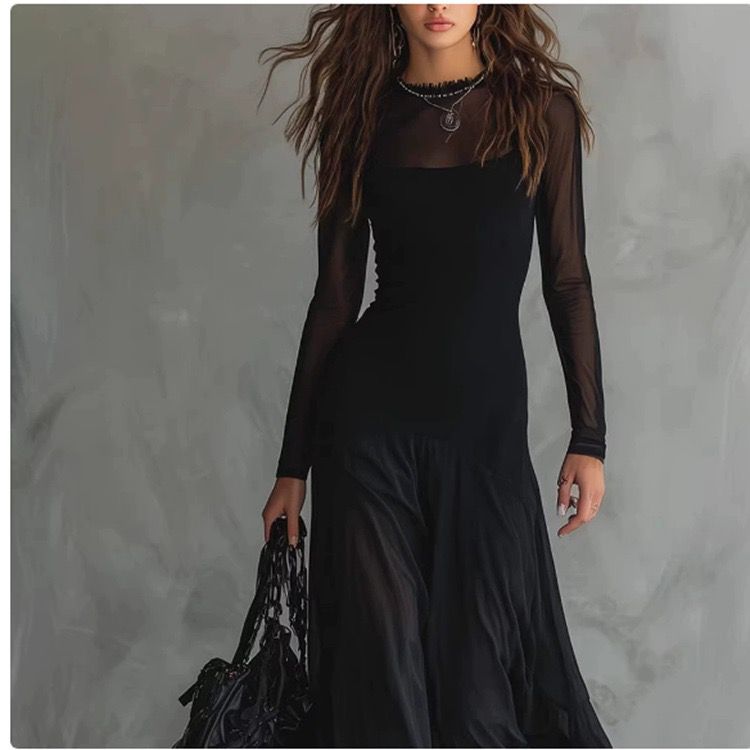 Black Mesh Maxi Dress – Sheer Long Sleeve Bodycon Gown