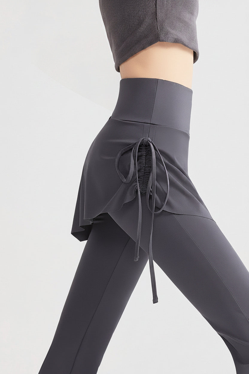 2-in-1 Skirt Flare Pants for Women – High Waist Fake Two-Piece Yoga Flared Trousers with Side Tie | Slimming Activewear