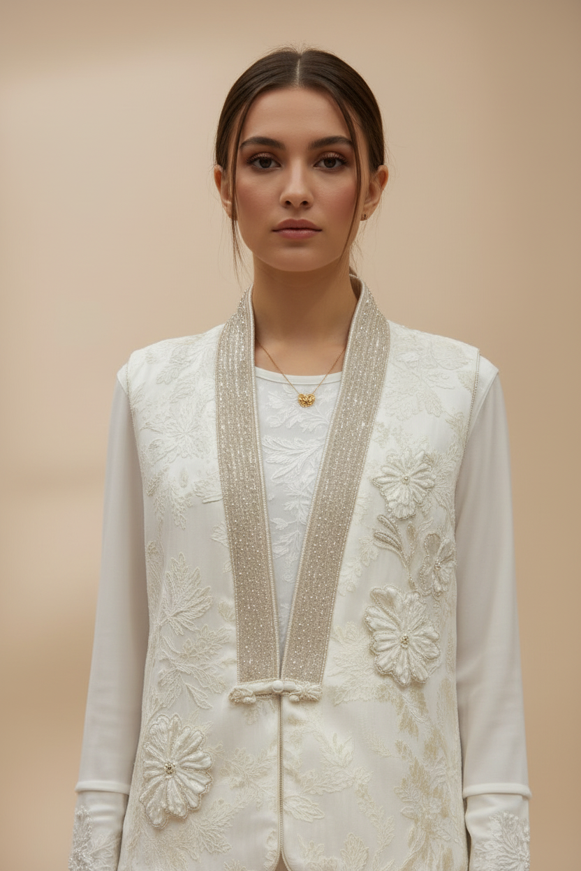 Ivory V-neck Embroidered Lace Vest