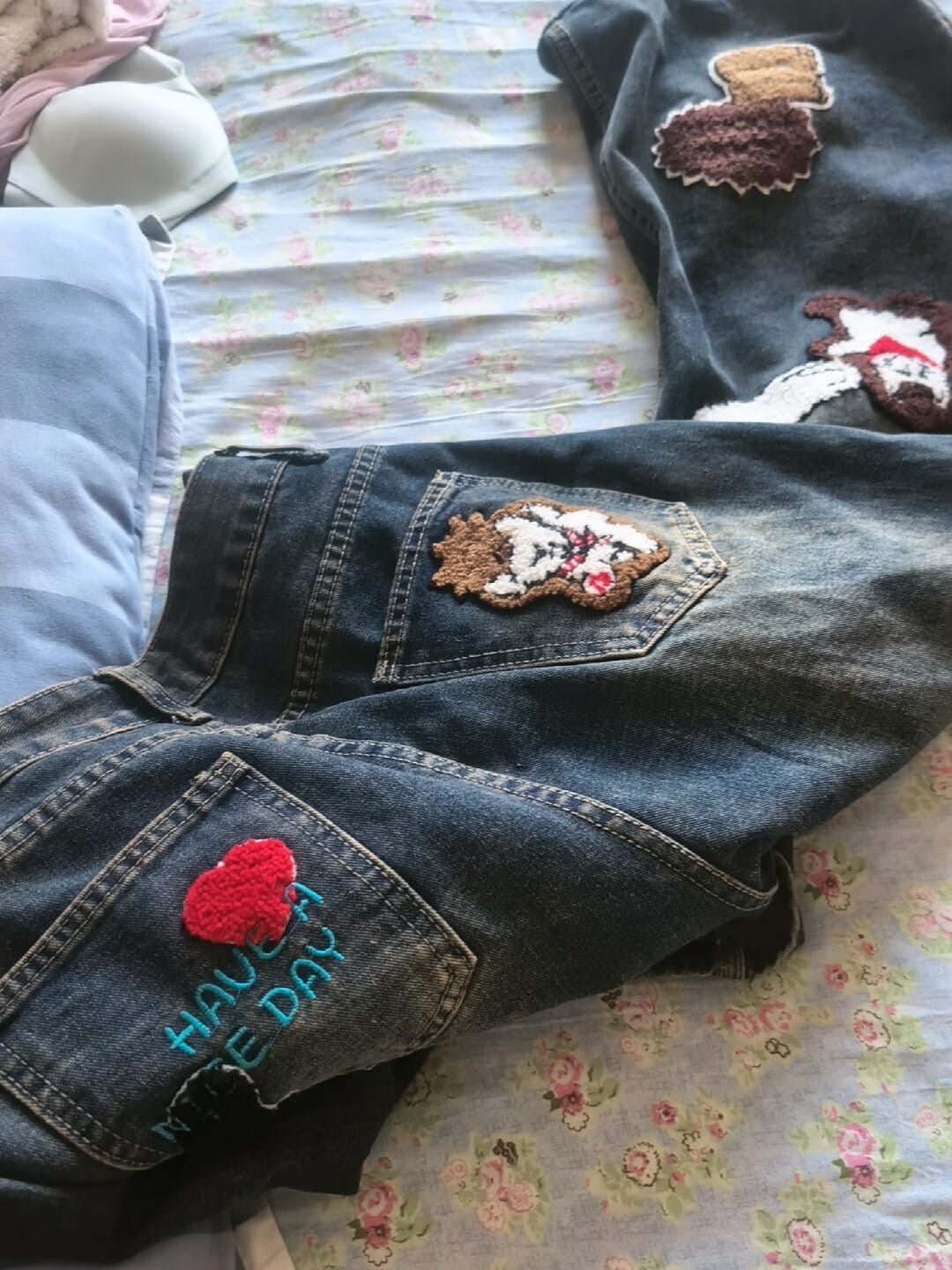 Cartoon Patch Wide Leg Jeans