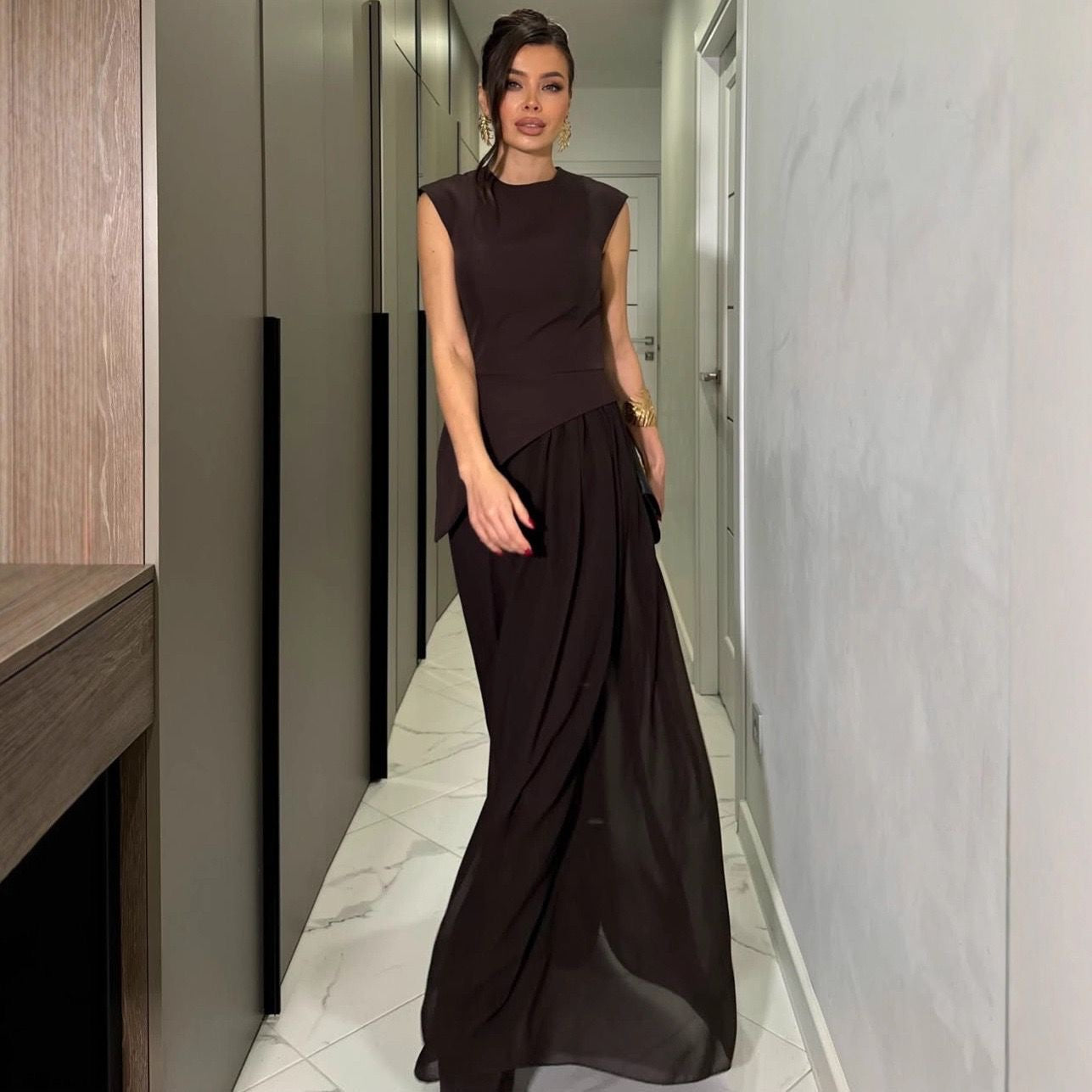 Luxe Asymmetric Peplum Co-ord Set – Dark Chocolate Brown Chiffon Wide-Leg Palazzo