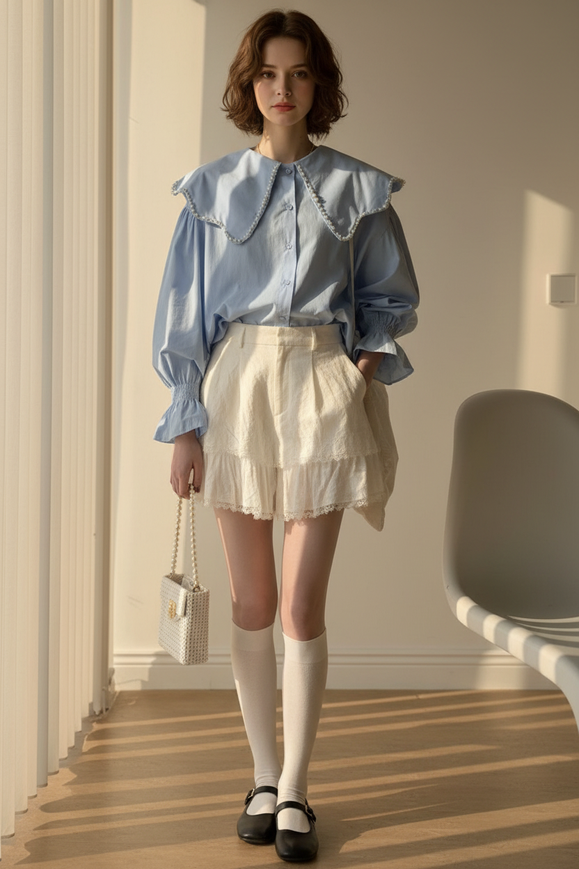 Pearl Collar Oversized Lace Trim Shirt