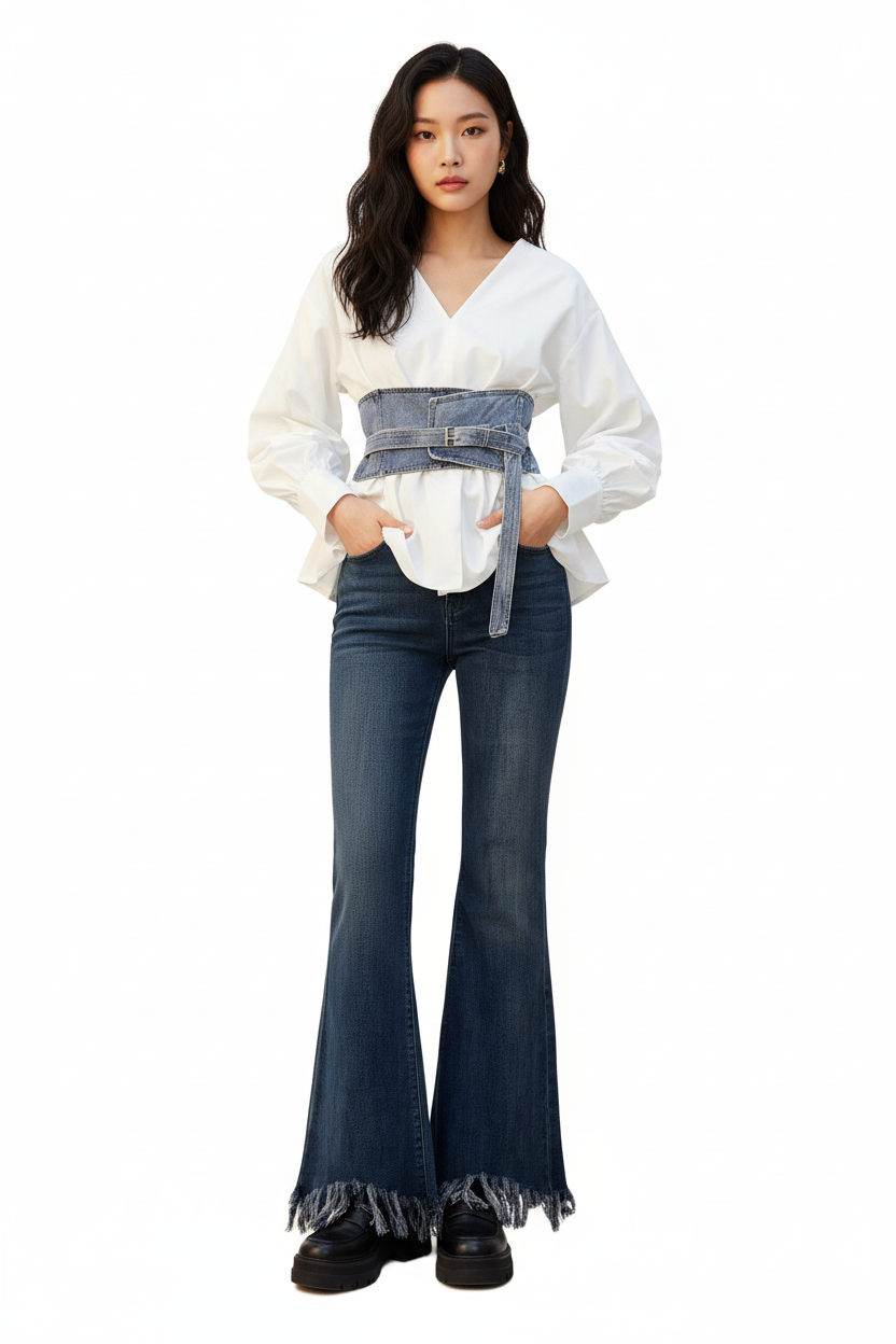 Korean OOTD White V-Neck Peplum Top & Denim Corset Belt Flare Jeans Co-ord Set
