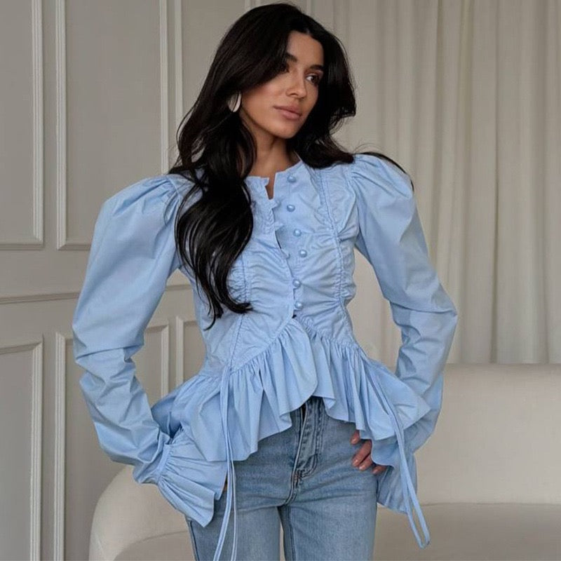 Ruched Drawstring Puff Sleeve Ruffle Hem Crop Top