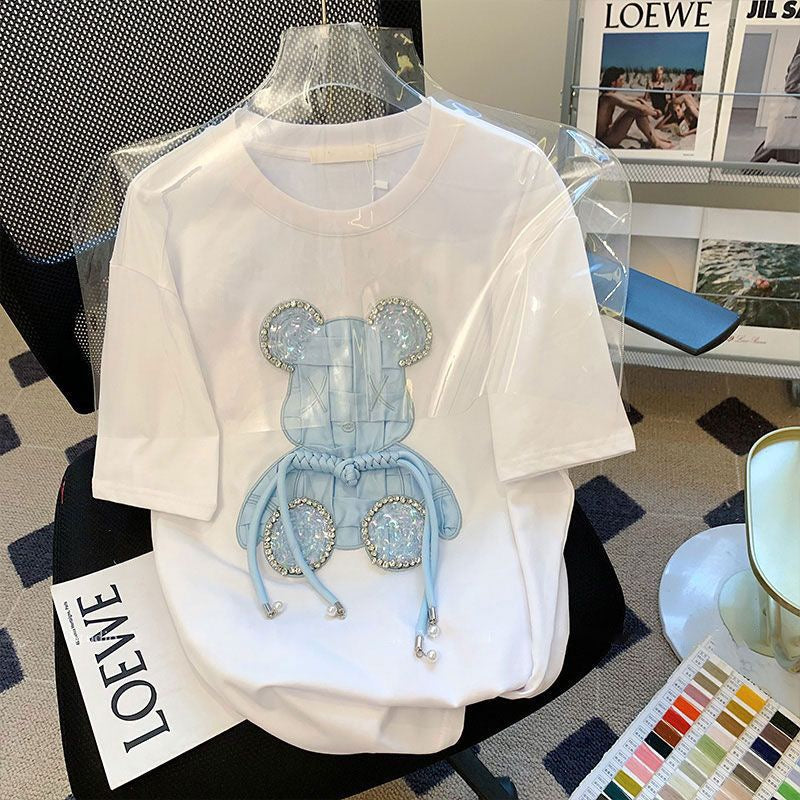 3D Rhinestone Bear Oversized Cotton Tee