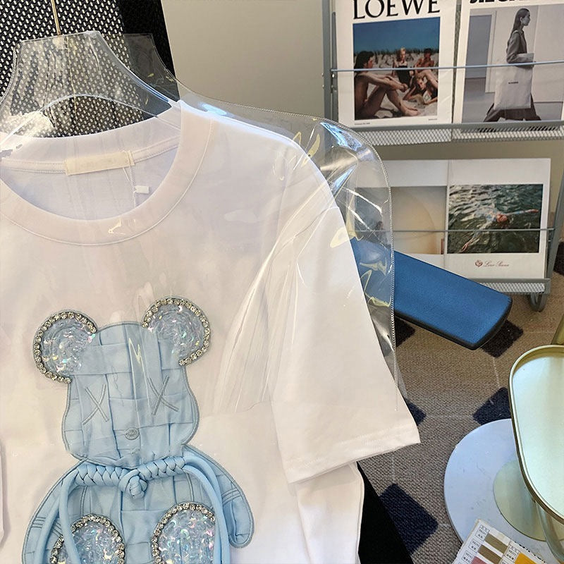 3D Rhinestone Bear Oversized Cotton Tee