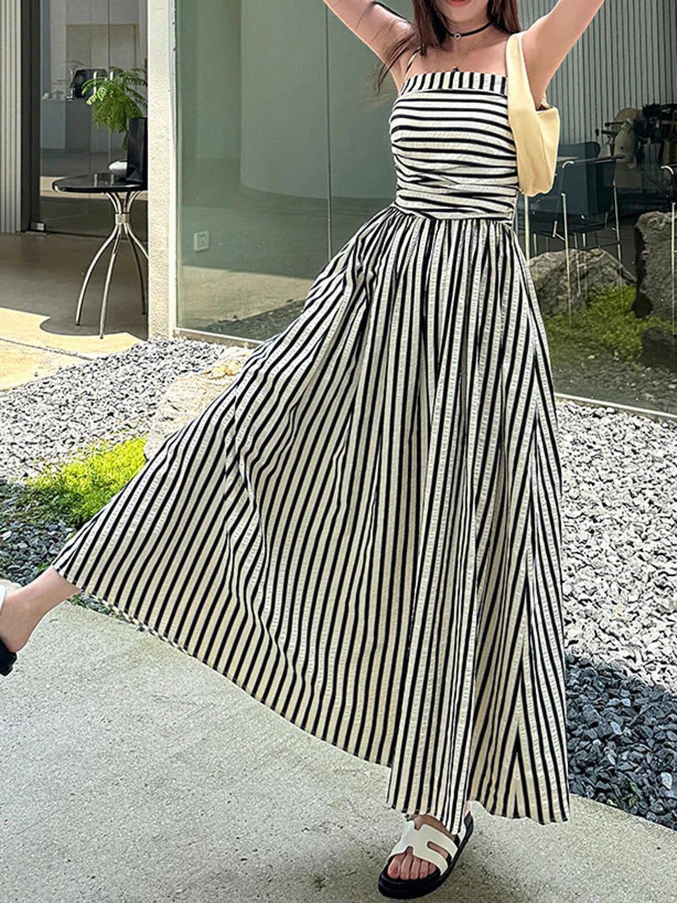 Striped Square Neck Ruched Bodice Maxi Dress