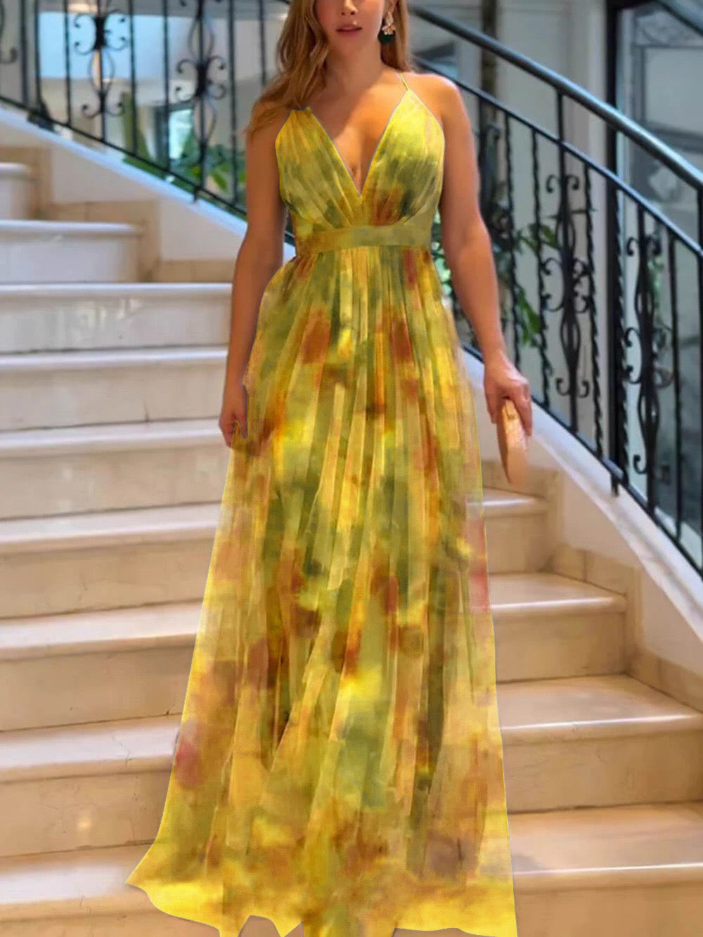 Deep V-Neck Spaghetti Strap Pleated Tulle Maxi Gown