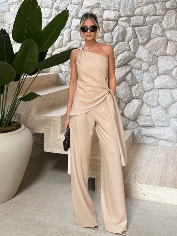 Beige One-Shoulder Draped Top & Wide-Leg Pants Co-ord Set