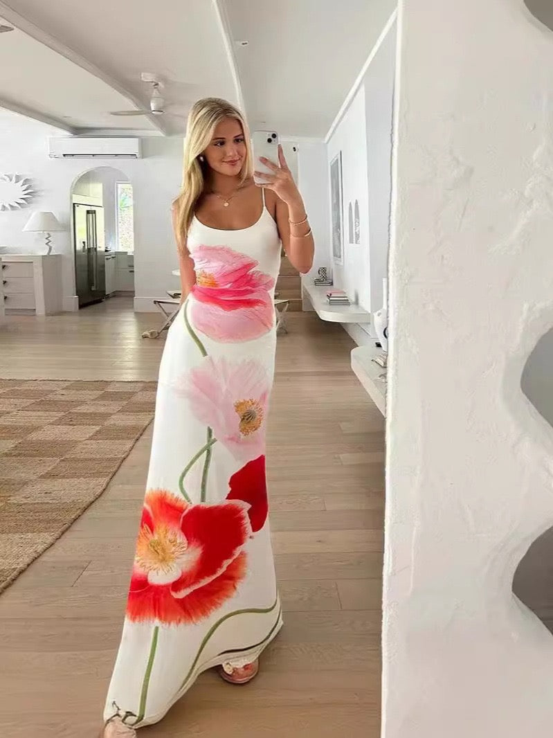 Floral Print Satin Spaghetti Strap Open Back Maxi Dress