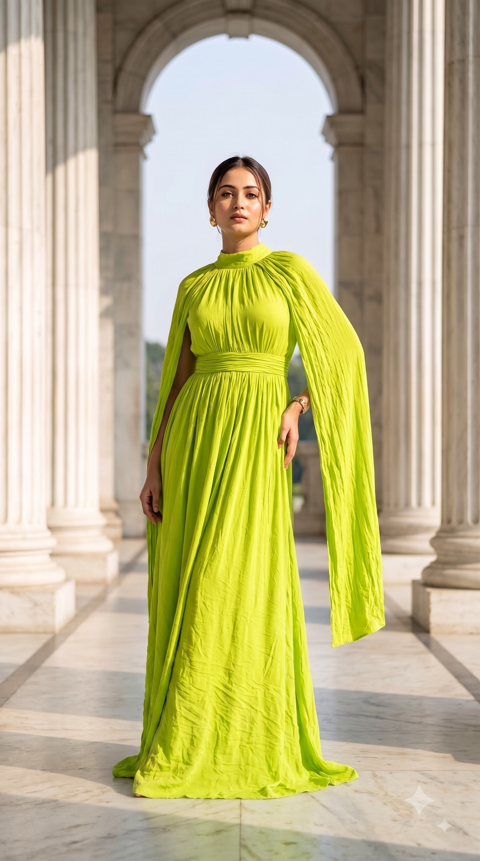 Chartreuse Mock Neck Ruched Maxi Dress