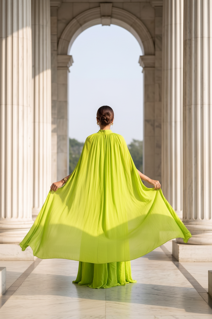Chartreuse Mock Neck Ruched Maxi Dress