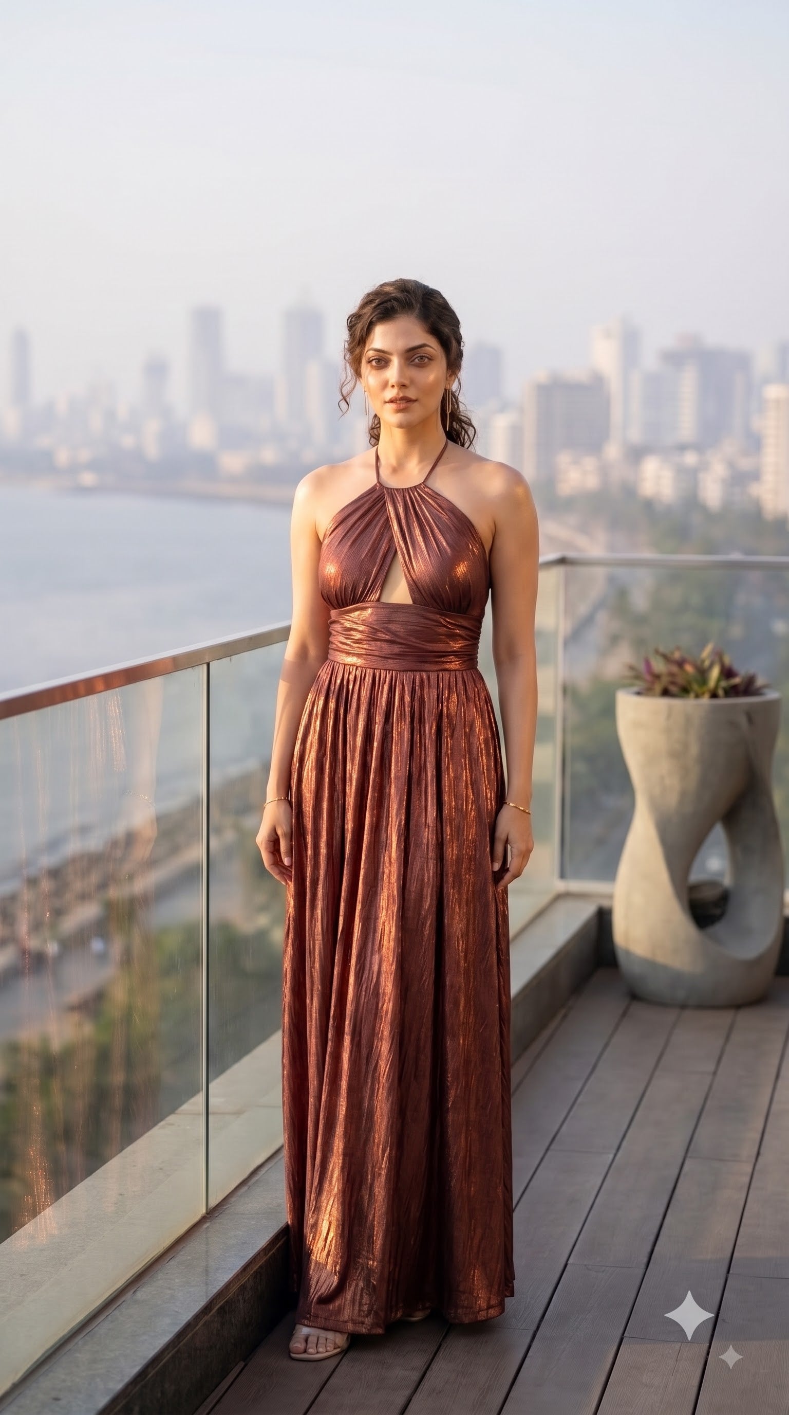 Metallic Copper Cut-Out Halter Gown