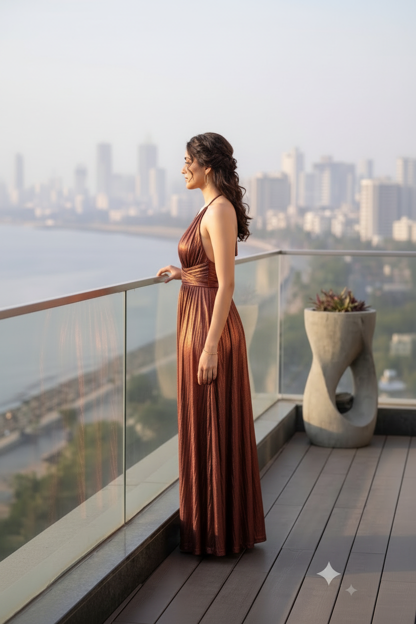 Metallic Copper Cut-Out Halter Gown