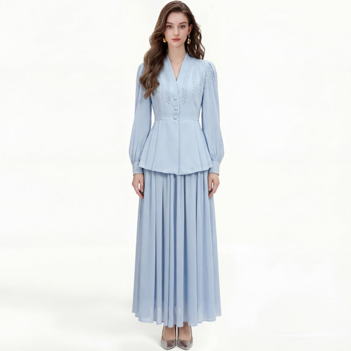Real Shot of a High-End Chanel-Style Fashion Set: Elegant Long-Sleeve Slim-Fit Waist-Cinching Single-Breasted Pleated Dress