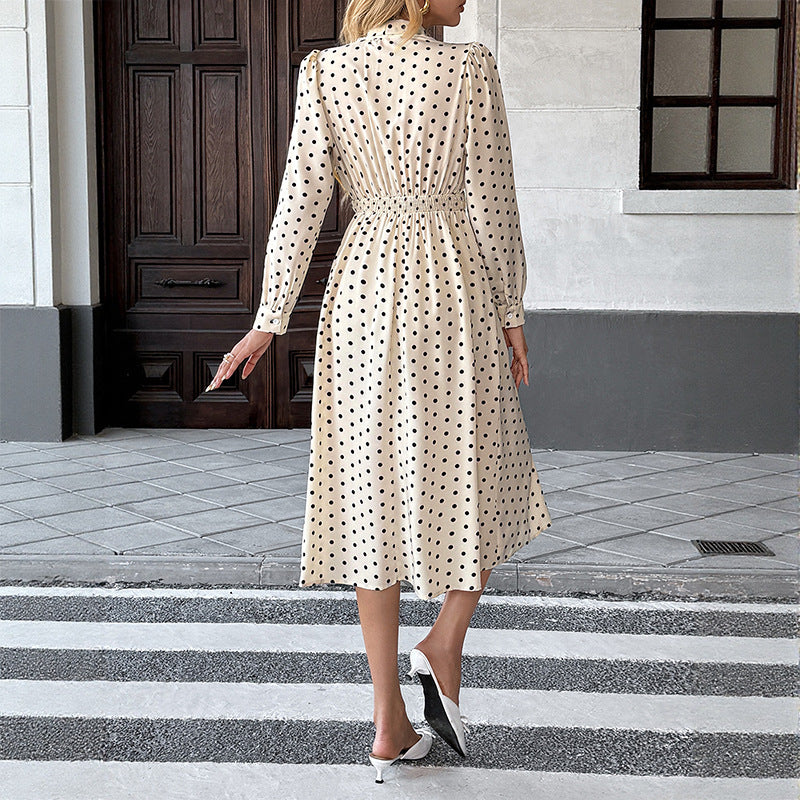 【Bai Fen Zhi Yi】Temu Cross-Border 2025 Autumn New Vintage Style Bow Collar Long Sleeve Polka Dot Dress