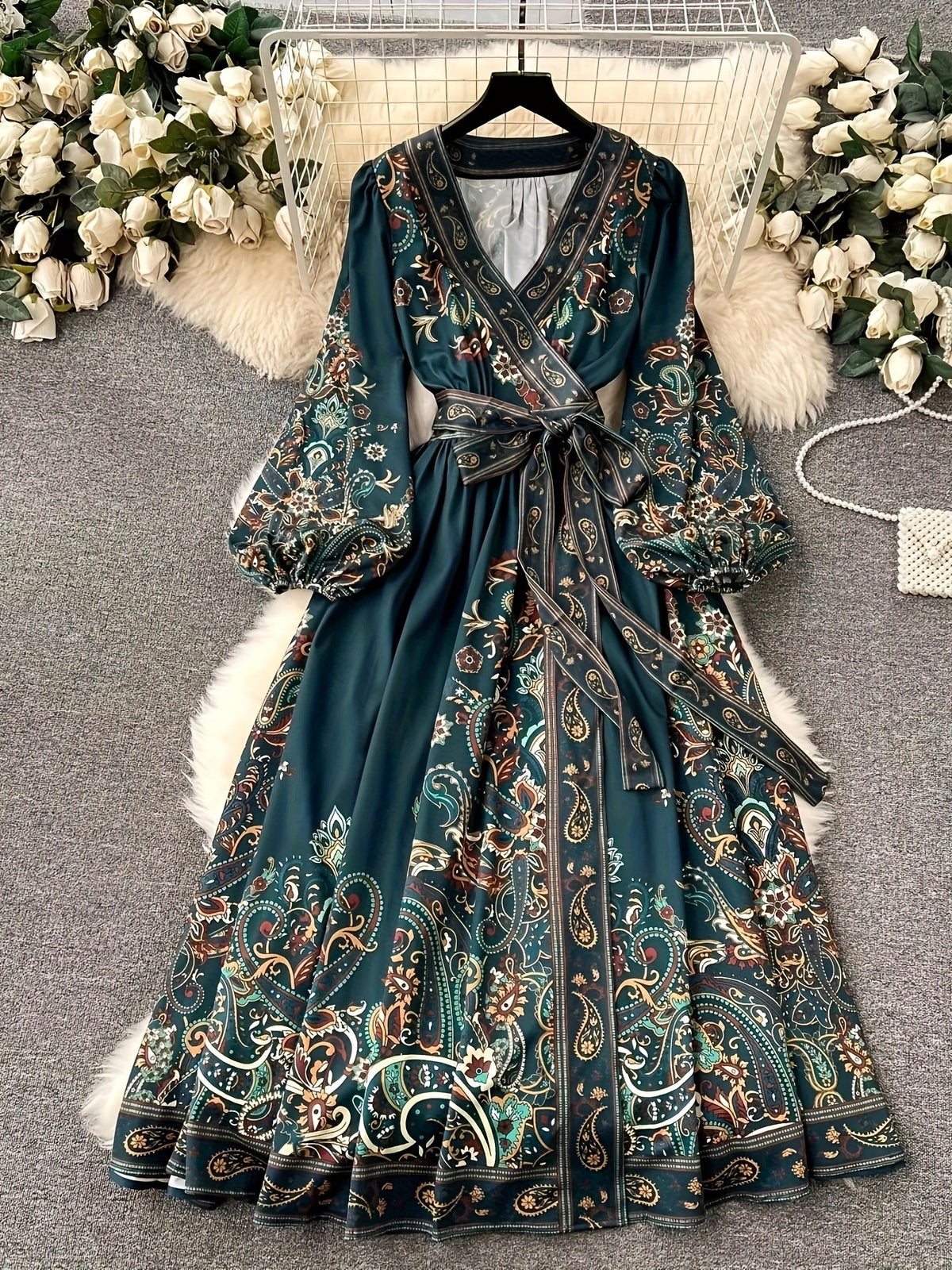 Enchanted 2026 Early Spring V-Neck Ethnic Print Long-Sleeve Waist-Tie Dress