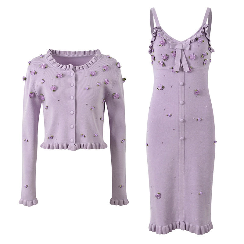French Socialite Three-Dimensional Flower Hot Drilling Ear Long-Sleeved Knitted Cardigan Jacket Slim-Fit Sling dress suit