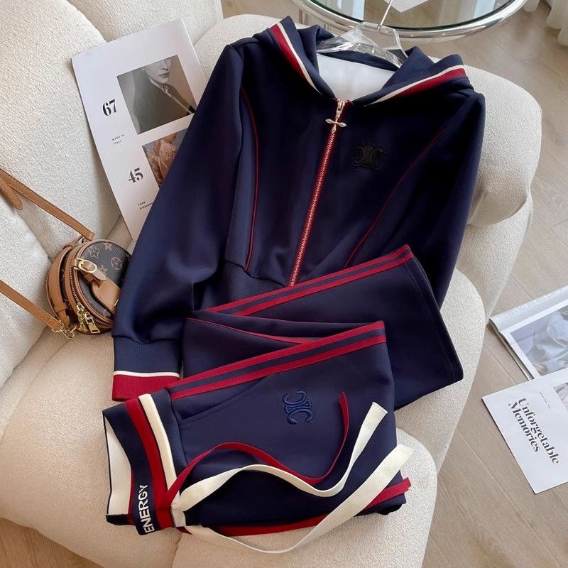 High-End Casual Sports Suit for Women Spring 2025 Autum New Fashionable European Hooded Sweatshirt Straight Pants Two-Piece Set