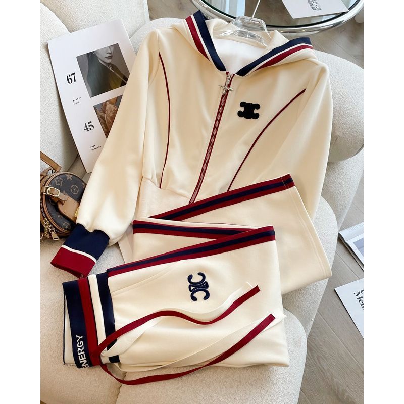 High-End Casual Sports Suit for Women Spring 2025 Autum New Fashionable European Hooded Sweatshirt Straight Pants Two-Piece Set