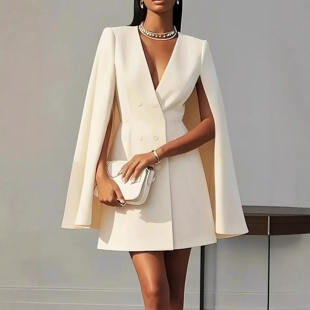 2026 European and American Cross-Border Foreign Trade Women's Clothing Autumn Double-Breasted Shawl Cape Solid Color Suit Dress for Women