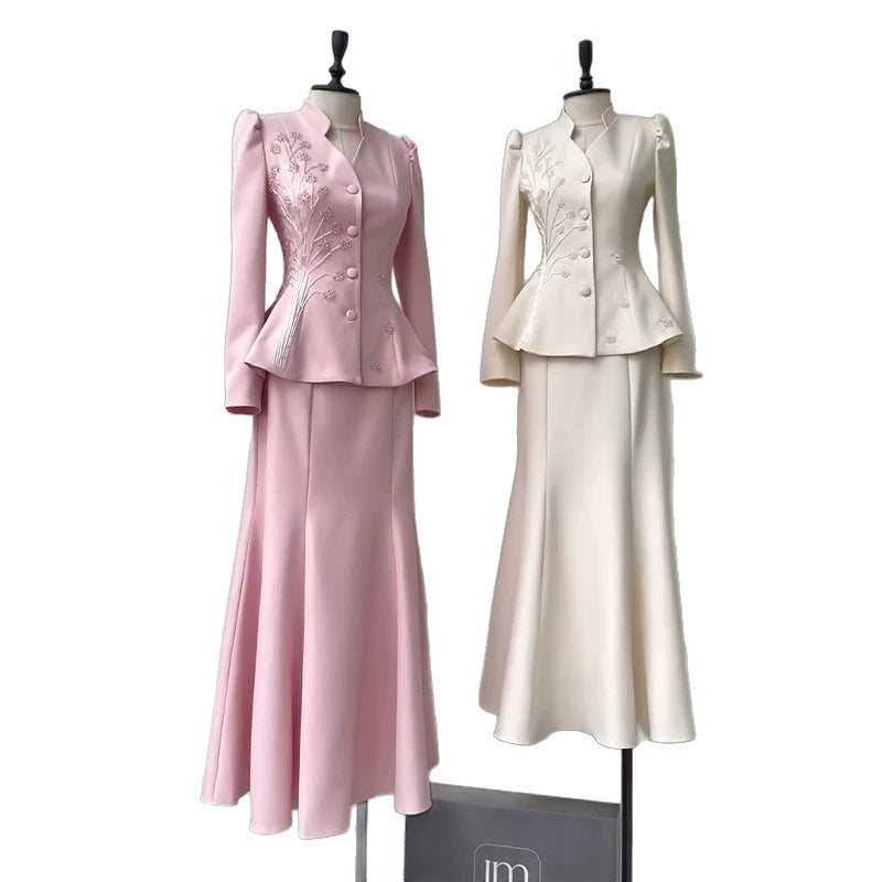 2026 New Foreign Trade European and American Amazon Cross-Border Women's Clothing Spring Waist-Cinching Embroidered Elegant Temperament Bodycon Skirt Set
