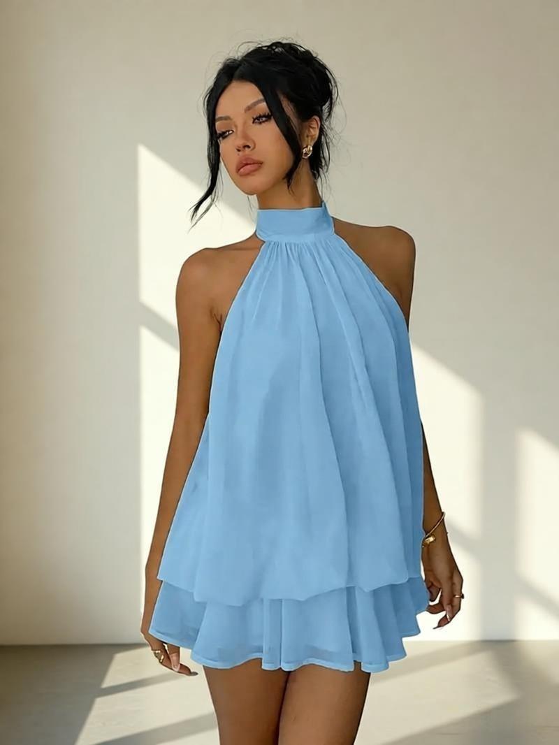 Dress for Island Vacation, Sexy Sanya European and American Style Tea Break Dress, Wide-Neck Chiffon Short Seaside Vacation Dress