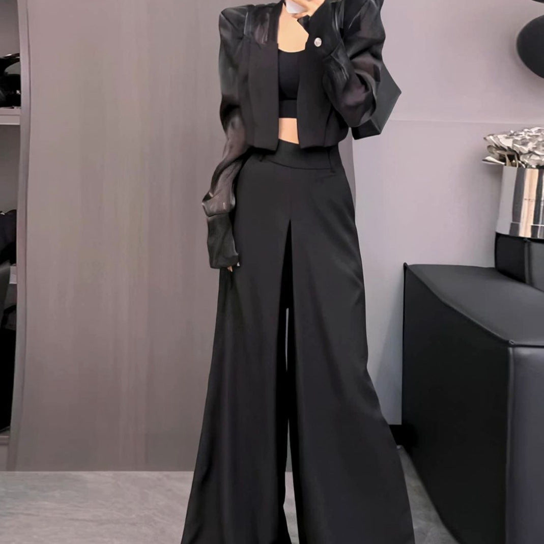 New Style Long-Sleeved Sun Protection Short Jacket for Women, Spring Fashion New High-Waisted Slimming Wide-Leg Pants and Skirt Two-Piece Set