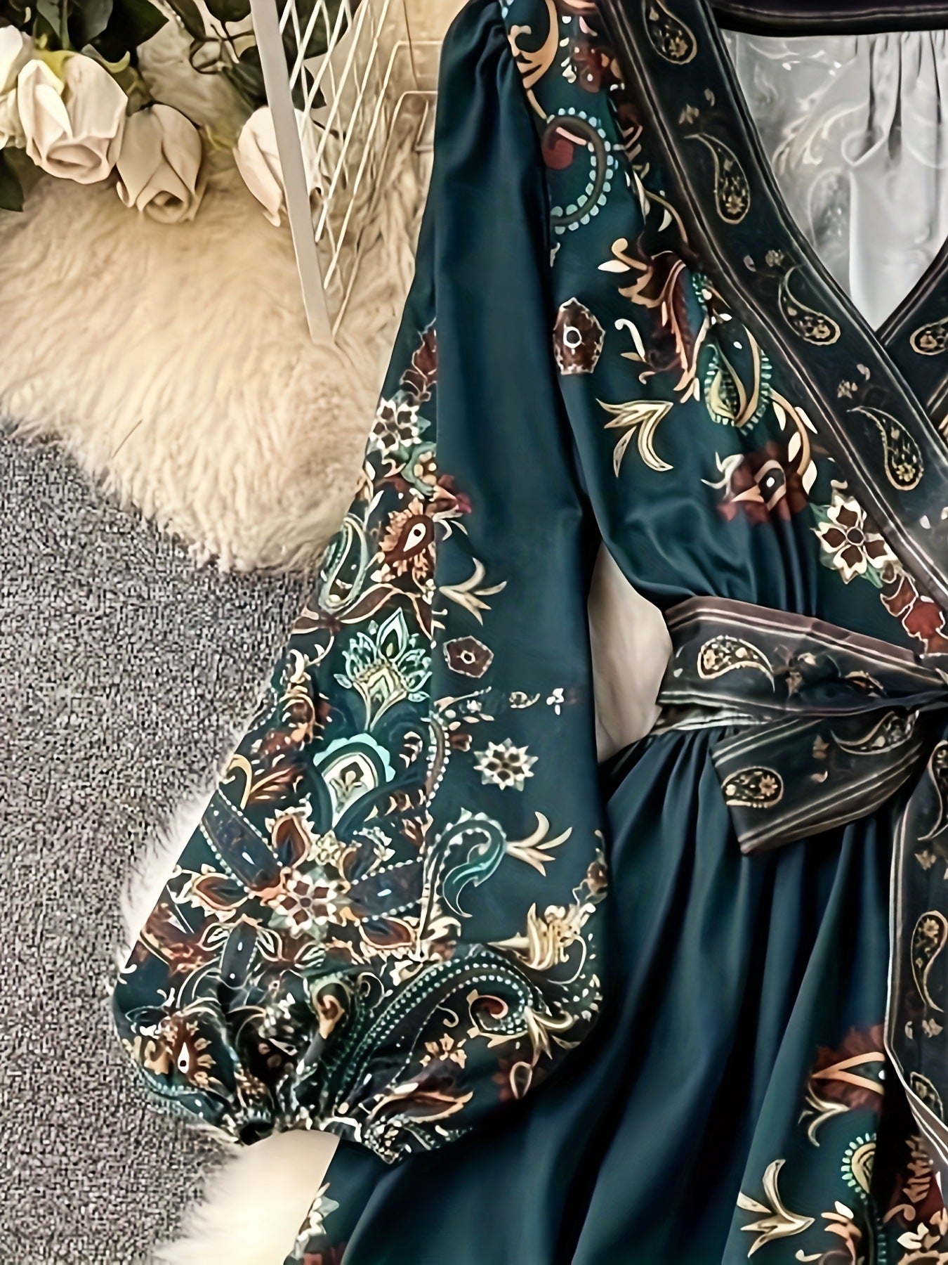 2026 Early Spring Cross-Border European and American Women's V-Neck Ethnic Style Long-Sleeve Printed Dress with Waist Tie