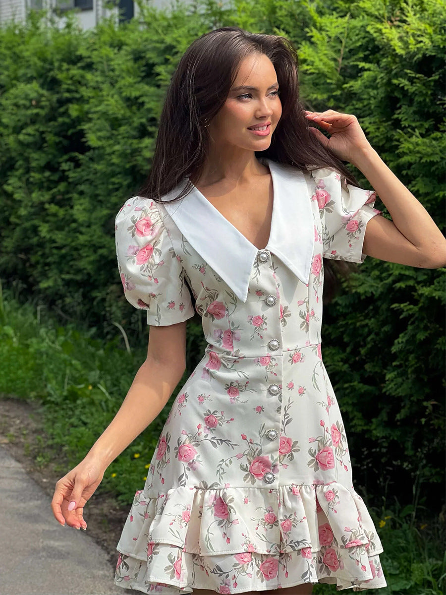 Cross-border French V-neck Puff Sleeve dress European and American 2025 Summer Waist Printed Skirt Ruffled dress