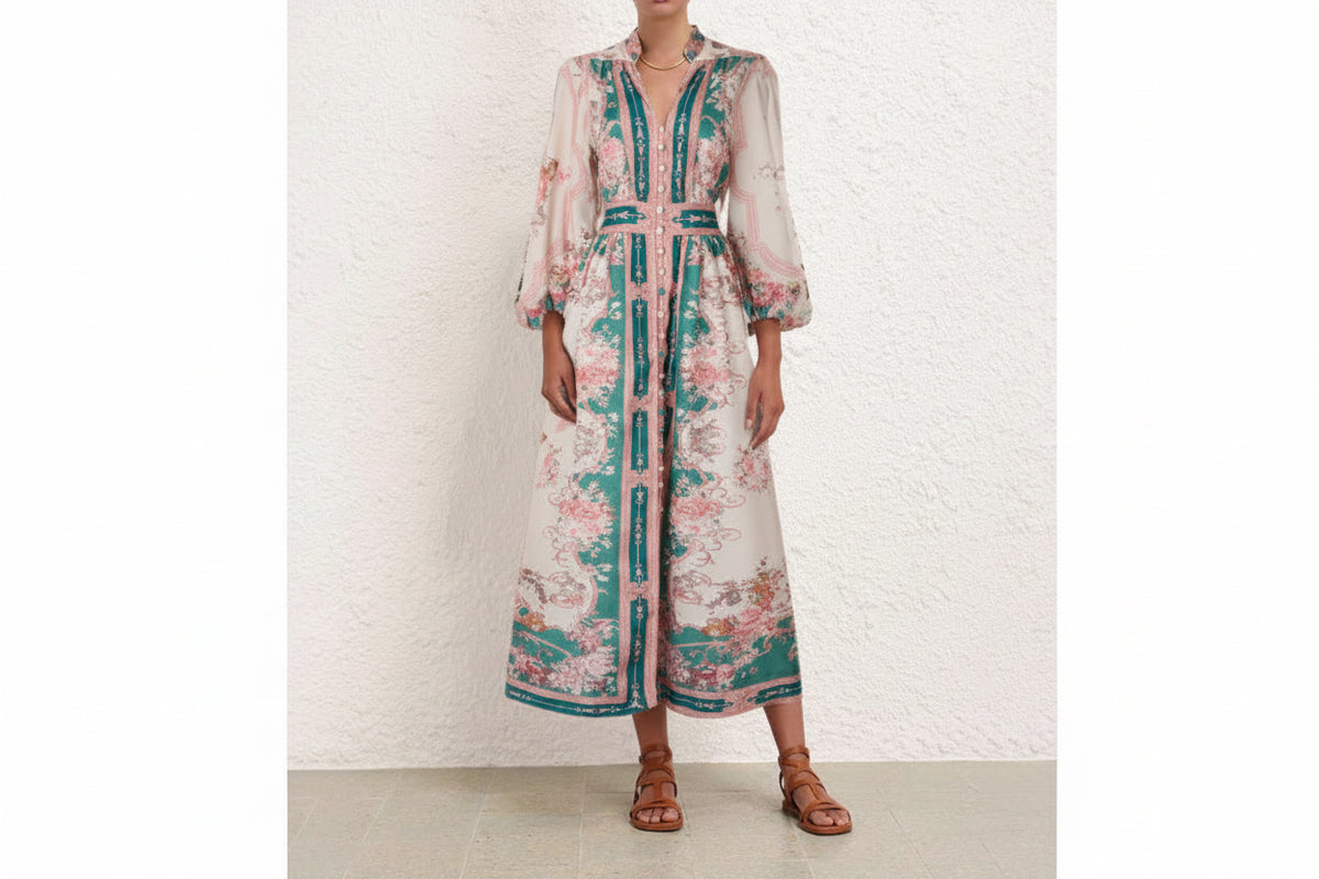 Enchanted 2025 Floral Lantern Sleeve Stand-Up Collar Holiday Midi Dress