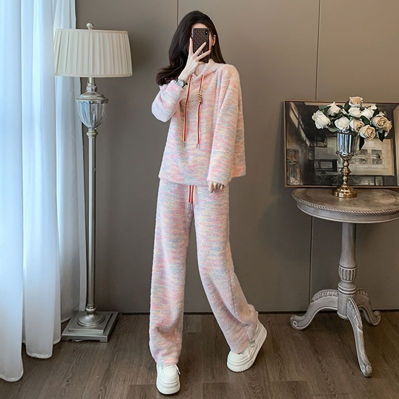 Spring and Autumn Lazy Style Casual Sports suit Rainbow Loose Hooded Sweat High Waist Wide Leg Pants Two-piece Women's Clothing