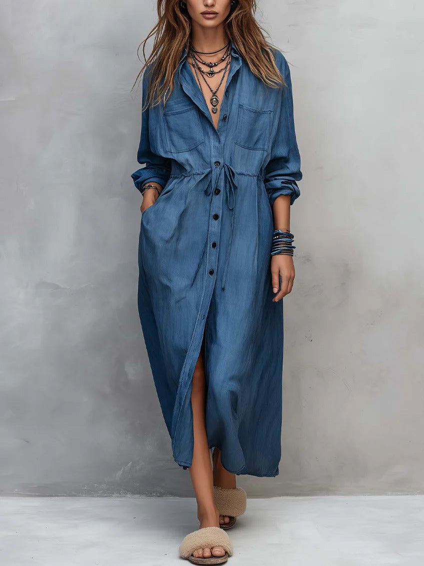 2026 Spring and Autumn Collection Independent Store Amazon European and American Casual New Drawstring Waist Shirt Dress Loose Dress