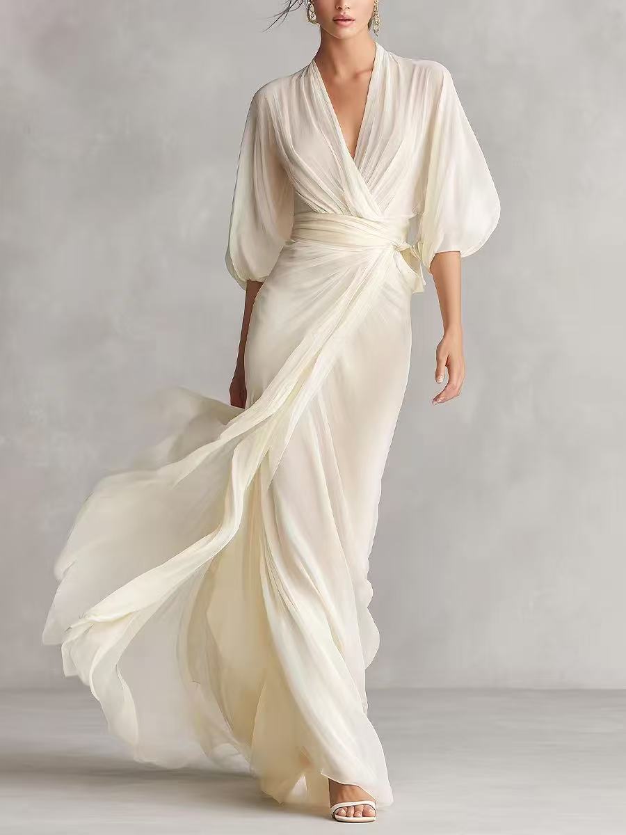 2026 European and American Amazon Socialite Deep V-Neck Long Dress with Lantern Sleeves and Cinched Waist for Romantic Autumn Banquets