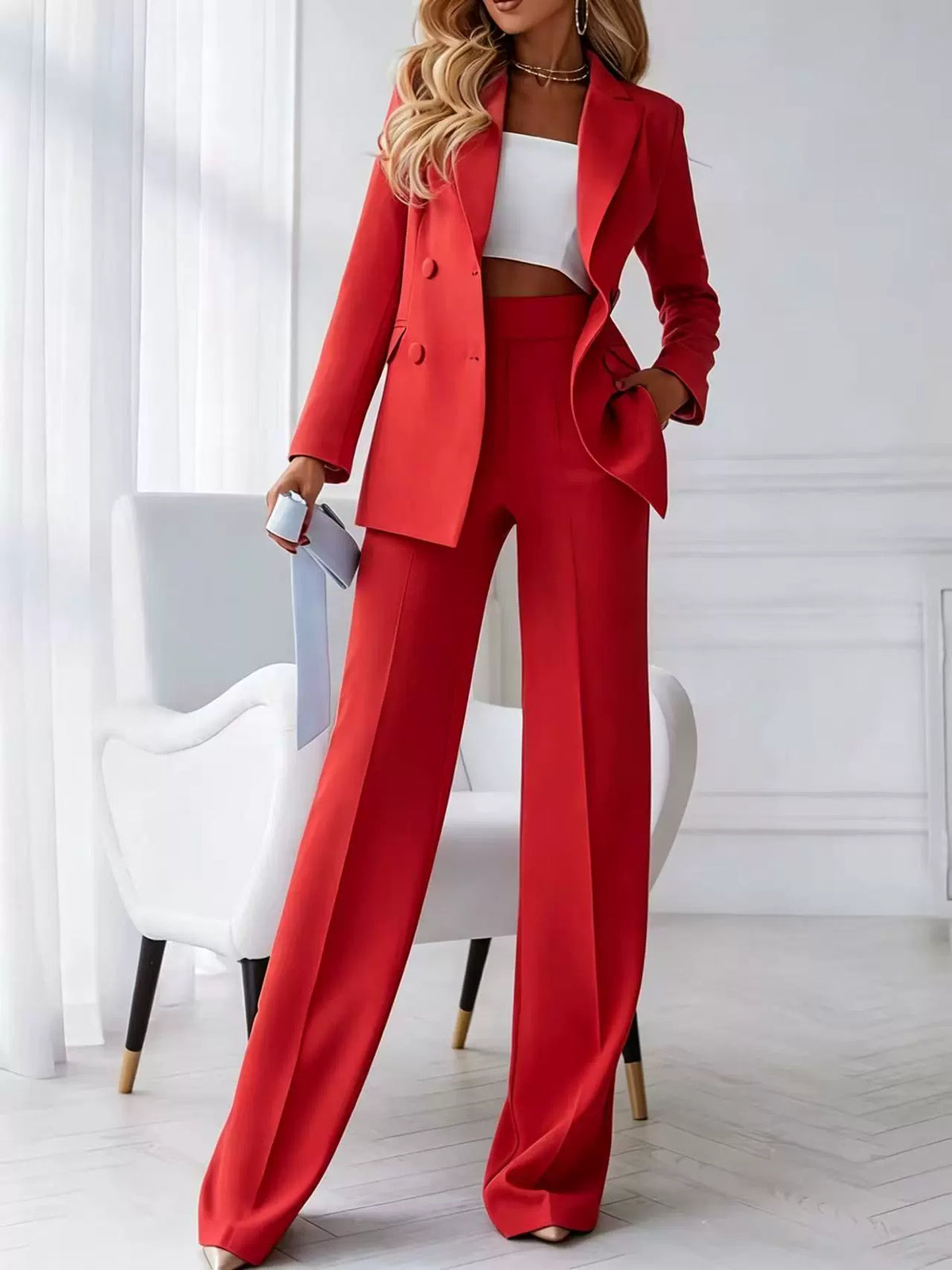 European and American New Style High-End Professional Suit Set with Double-Breasted Lapel, High-Waisted Drapey Wide-Leg Pants, and Elegant Two-Piece Set
