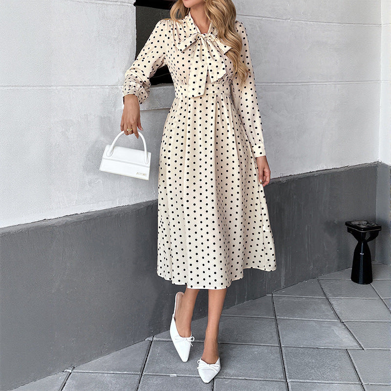【Bai Fen Zhi Yi】Temu Cross-Border 2025 Autumn New Vintage Style Bow Collar Long Sleeve Polka Dot Dress