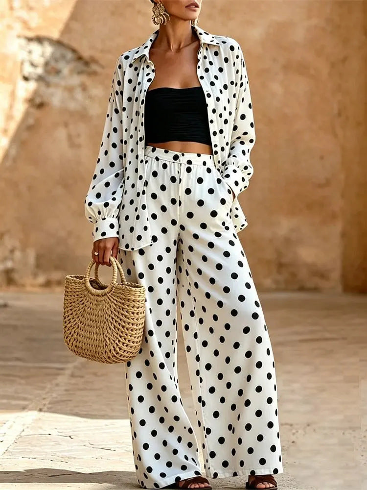 2026 Spring and Autumn Polka Dot Casual Suit for Women, Loose Wide-Leg Pants Two-Piece Set, Fashionable and Versatile Commuting Design