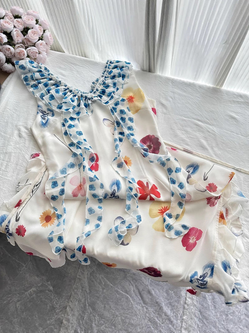 『Xin Xing』A Sweet Peach Yikett Garden Print Dress for Women, a Beautiful Dopamine Mini Dress for Summer
