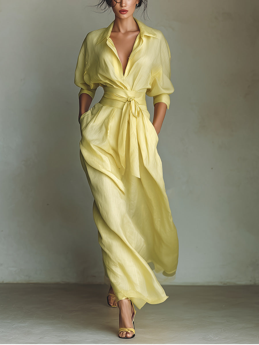 Enchanted 2026 Yellow V-Neck Tie-Waist Maxi Dress - Vacation Elegance