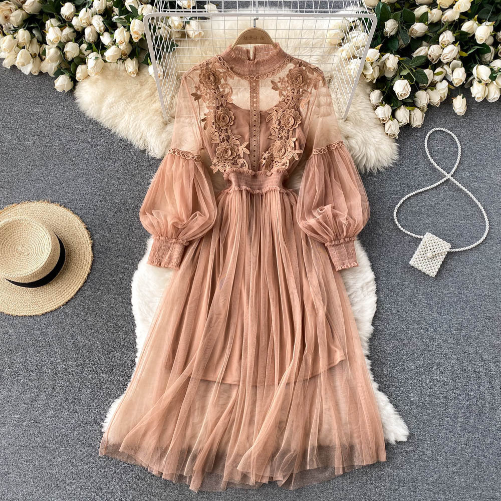 Lace Floral Mesh Skirt with Elegant Stand-Up Collar, Lantern Sleeves, High Waist, Slimming Spaghetti Strap Two-Piece Dress Set with a High-End Feel
