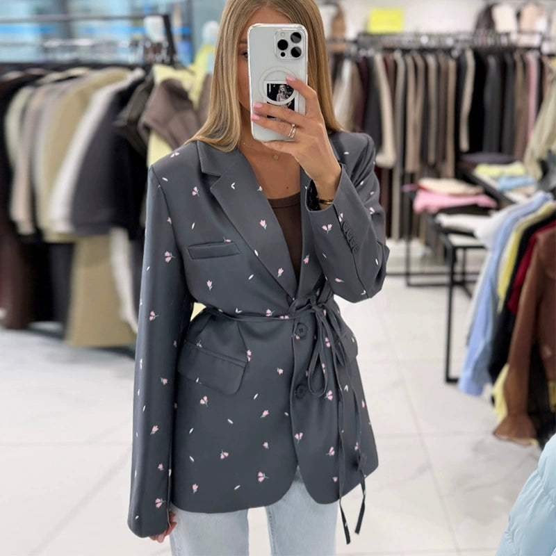 European and American Cross-Border Women's Clothing 2025 New Autum Fashion Sweet Floral Lace-Up Slim Long-Sleeved Suit Jacket Top
