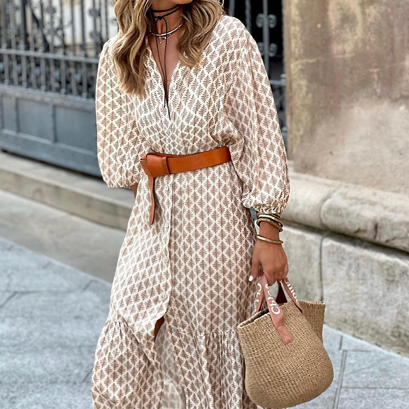 Fd1376 Spot 2025 Autumn and Winter New Cross-Border Fashion Belt Printed V Neck Simple Elegant Long Dress