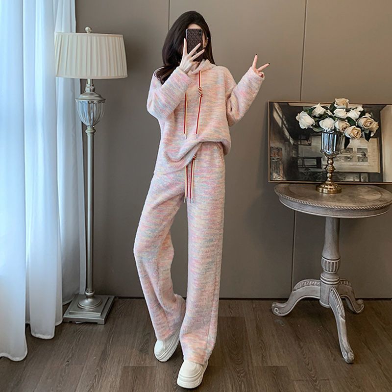 Spring and Autumn Lazy Style Casual Sports suit Rainbow Loose Hooded Sweat High Waist Wide Leg Pants Two-piece Women's Clothing