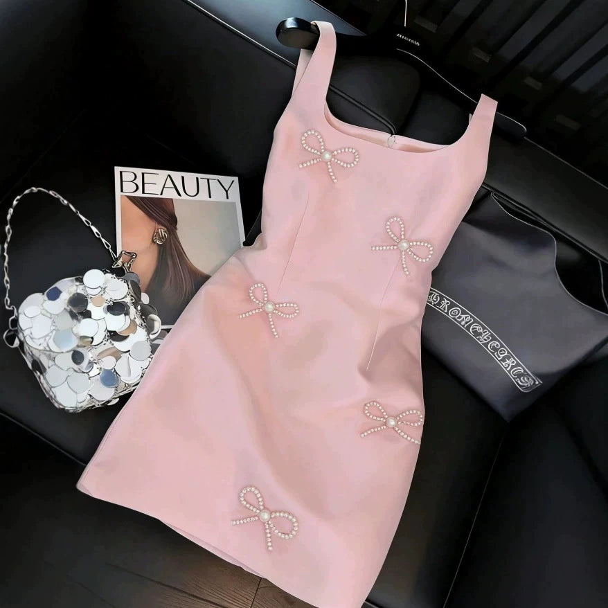 2026 European and American New Style Satin Square Neck Strap Short Dress with Handmade Pearl Bow Decoration Slim Fit Bodycon Dress